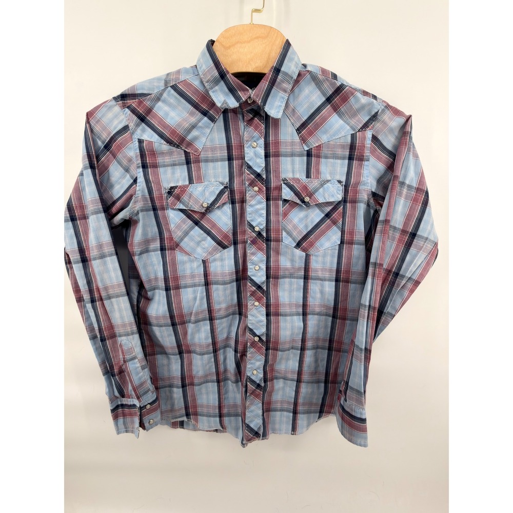 Wrangler Men's LT Tall Plaid Long Sleeve Western Shirt Pearl Snap Blue Red